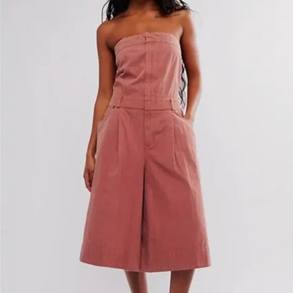 Free People Juniper Red Strapless Culotte Wide Leg Baggy Jumpsuit Boho Linen XS - Picture 1 of 13